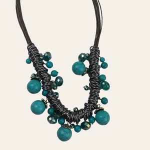 Gunmetal Statement Necklace Faux Turquoise Blue Beads Iridescent Spacers Black - Picture 1 of 6