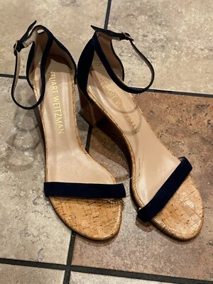 Stuart Weitzman Nudistcurve Dark Blue Suede Sandals Womens 11 — Block Cork Heel - Image 1 of 4