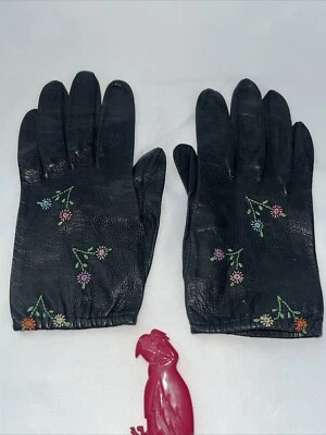 Guantes Persia Firenze Cordero Negro Cuero Suave Flor Bordados Talla 6.5 Mujer Foto 1 de 4