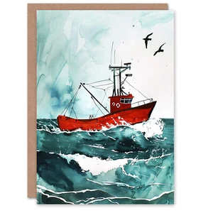 Grußkarte rot Fischerboot auf See Maritim Aquarell Geburtstag - Bild 1 von 6