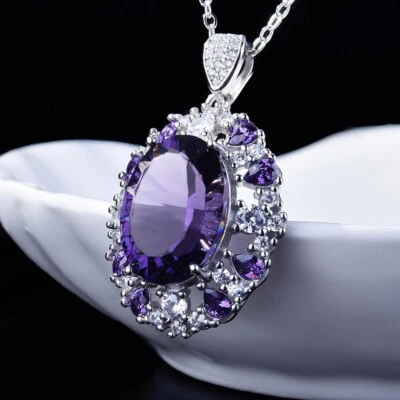 New Handmade Big Purple Amethyst Gemstone Silver Charm Women Necklace Pendants - Image 1 of 4