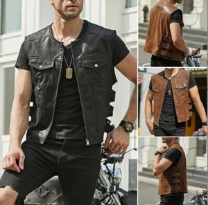 New Men's Faux Leather Vest Sleeveless Round Neck Jacket Short PU coat Zipper - Picture 1 of 13