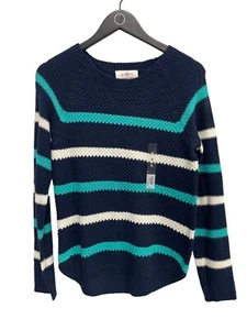 SO Striped Perfect Pullover Sweater Women M Navy Blue White Nautical Comfort NEW - Picture 1 of 8