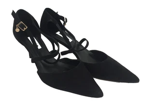 Dune Women's Strappy Sandals Size 5 Black Pointed Toes Logo Charm Buckle Used F1 - Picture 1 of 11
