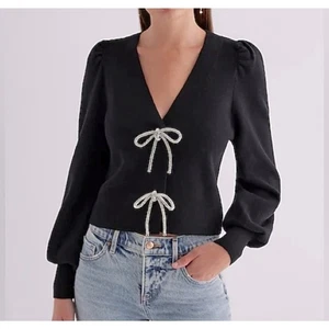 Damen Express Schleife Strickjacke V-Ausschnitt Pullover Langarm True Black 2XL - Bild 1 von 9