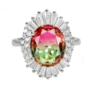925 Sterling Silver Ring Oval Tourmaline Synthetic Watermelon 12x10mm Jewelry - Picture 1 of 13