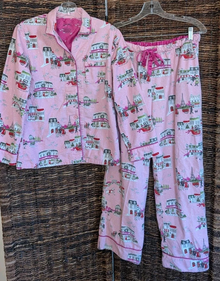 Conjunto de pijama Nick & Nora Top Pantalones París Francés Navidad Vacaciones Caniche Franela Foto 1 de 4
