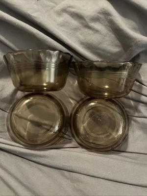 Vintage PYREX 463 Custard Cups Amber Lot Of 4 Small Bowls Scalloped Edges 175ml - Image 1 of 4