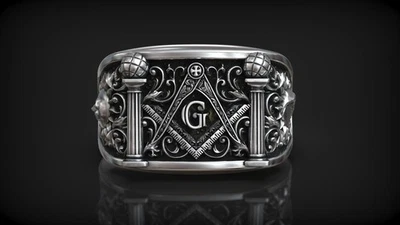 Free Masonic Ring  Mason ring ,Silver Masonic Symbol Mans Masonic Ring - Image 1 of 4