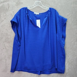 Calvin Klein Tunic Women Plus 3X Blue Textured V Neck Short Sleeve Blouse Career - Picture 1 of 8