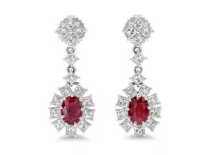 Simulated 7.25TCW Oval Ruby & Princess , Round Sapphire Drop Earrings For Woman - Picture 1 of 8
