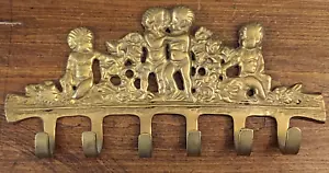 Vintage Brass Jewelry Hanger Babies Cherub 6 Hooks Hang Keys Necklaces Hat Coat - Picture 1 of 3