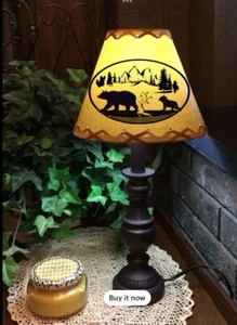 Rustic Western CLIP-ON-BULB Lamp Shade Faux Kraft Laced BEAR & CUB Decal, 9x4x7” - Picture 1 of 3