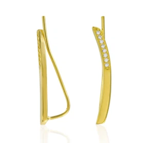 Climbing Earrings 925 Sterling Silver White CZ Curved Gold Plated Ear Crawlers - Picture 1 of 3