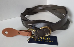 POLO Ralph Lauren PRL Green Braided Leather Belt Brass Buckle Small Designer NWT - Picture 1 of 6