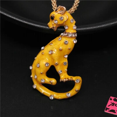  Fashion Women Yellow Enamel Leopard Bling Rhinestone Pendant Girls Necklace - Image 1 of 4