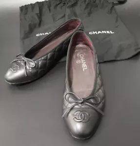 size 39 EU CHANEL black Lambskin Cap Toe Ballerina Flats shoes Quilted Matelasse - Picture 1 of 8