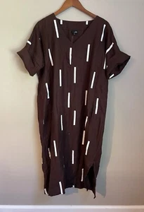 Lisa Bayne Dress Linen Brown White Stripe V Neck Minimalist Lagenlook Small - Picture 1 of 4