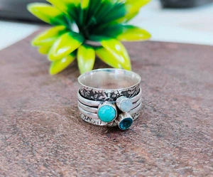 Anello Fascia Spinner Larimar & Moonstone Argento 925 Gioielli Argento 925 SIze 10,75 A942 - Foto 1 di 6