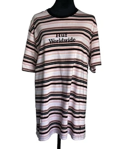 Huf Worldwide Embroidered Striped T-Shirt Short Sleeve XL Pink/black/White Crew - Picture 1 of 18