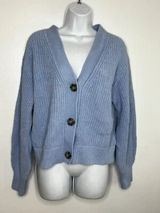 H&M Womens Cardigan Sweater sz S Blue Knit Three Button Waist Length V Neck - Picture 1 of 12