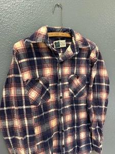 Vintage 70’s Tall Timbers Blue Plaid Cotton Button Up Flannel Small Men’s - Picture 1 of 4