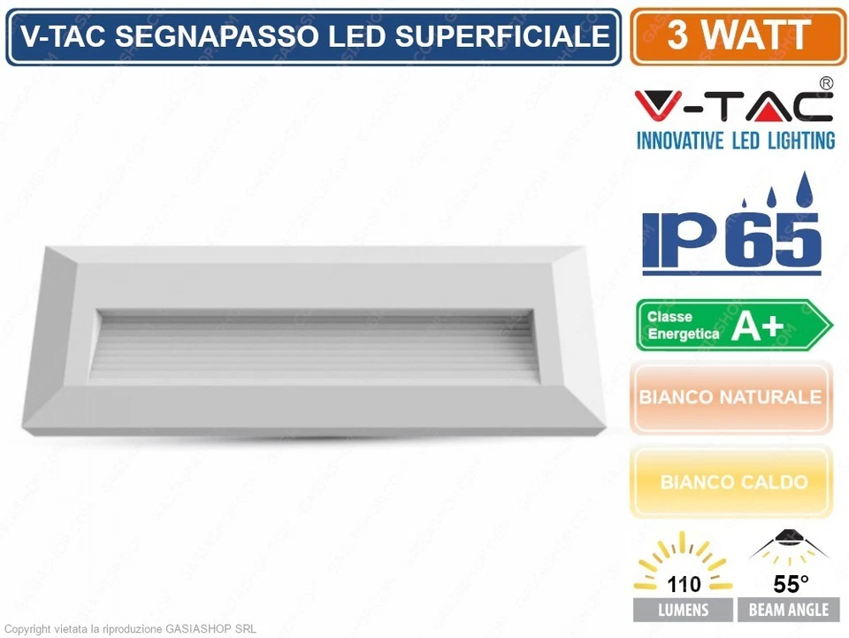 V-TAC VT-1162 FARETTO SEGNAPASSO LED RETTANGOLARE COLORE BIANCO 3W ESTERNO IP65 - Immagine 1 di 1