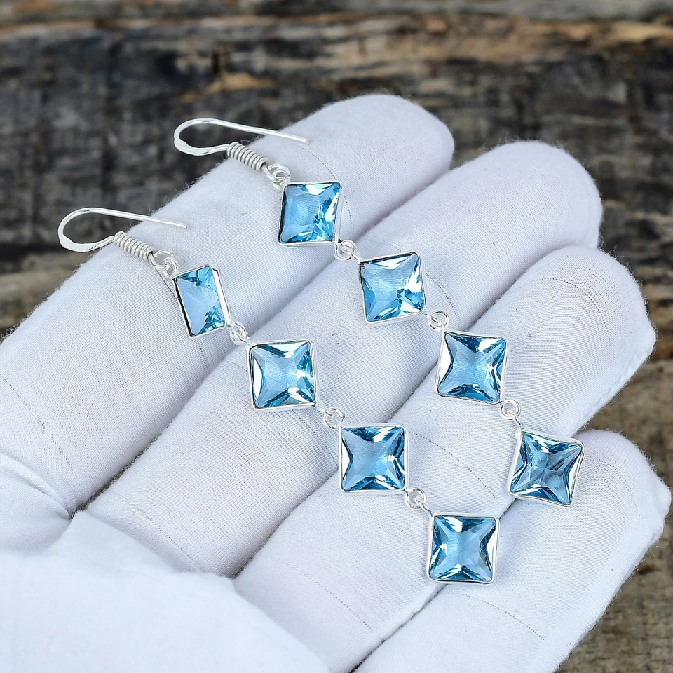 Unico Topazio Blu Gemma 925 Argento Sterling Mano Gioielli Orecchino per Regalo - Immagine 1 di 4