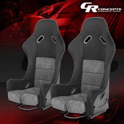 2X Universal Suede Leather Fixed Position Racing Bucket Seats w/ Slider Grey - Image 1 of 4