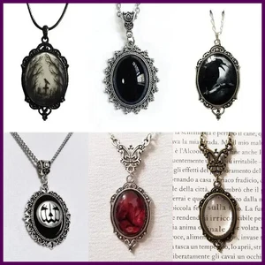 Halloween Gothic Krähe Fledermaus Anhänger Oval Halskette Damen Herren Party Schmuck Geschenke - Bild 1 von 38