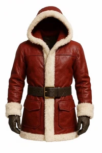 Men’s Santa Style Shearling Leather Coat | Red Hooded Winter Jacket with Belt - Picture 1 of 4