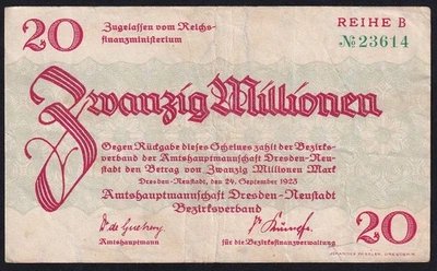 Germany Dresden 20 Million Mark 1923 Vintage Emergency Paper Money Banknote VF - Image 1 of 2