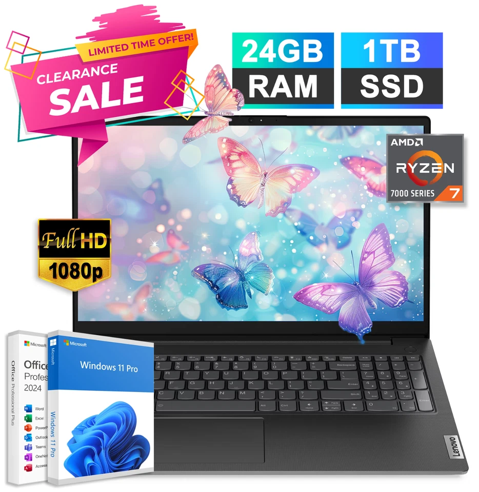 2025 Lenovo V15 Business Laptop Office 15.6" AMD Ryzen 7 24GB RAM 1TB SSD WinPro - Image 1 of 4