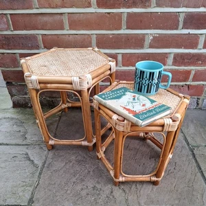 2 Vintage Retro Bamboo & Rattan Side Table Boho Plant Stand Shelf Set 33cm - Picture 1 of 9