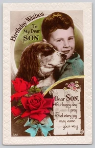 Birthday Wishes To My Dear Son Dog Roses Embossed Real Photo Postcard GB - Picture 1 of 3