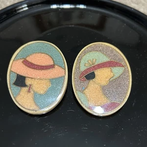 Vtg Brooches Resin Inlaid Mosaic Lady w Hat Philippines Unsigned Lee Sands 1980s - Picture 1 of 6