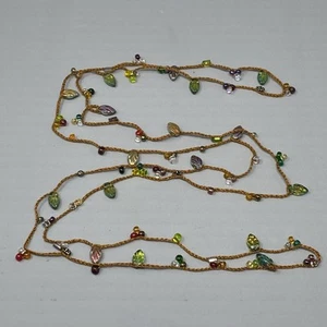 Czech Glass Fringe Necklace Flapper Cord Chain Iridescent Pressed Leaves Long 56 - Picture 1 of 9