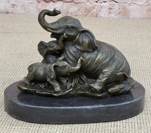 Collectible Statue bronze sculpture Animal Laughing Mother Elephant With Cubs - Picture 1 of 10