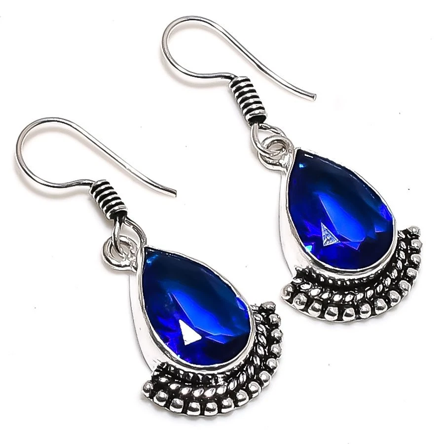 Blue Tanzanite Gemstone Handmade 925 Sterling Silver Jewelry Earring Size 1.45" - Image 1 of 1