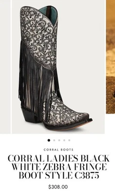 Botas Corral® Damas Blanco y Negro Superpuesto Flecos C3877 9.5 Nuevas Foto 1 de 4