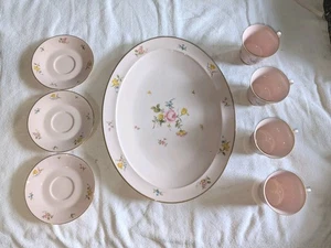 Vintage NORITAKE BRIDAL ROSE Pink LARGE OVAL SERVING PLATTER w/ 3 SAUCERS 4 CUPS - Picture 1 of 14