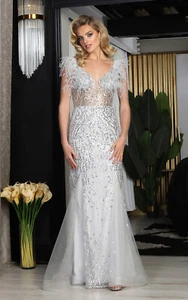 Royal Queen RQ8097 Corset Bodice Feather Long Pageant Gown - Picture 1 of 8