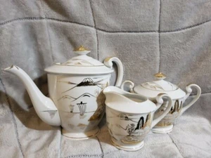 Hayasi Kutani China Porcelain Gold Countryside Mt Fuji Teapot~Sugar Bowl~Creamer - Picture 1 of 12