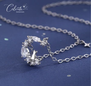 Cat Crescent Moon Crystal Necklace 925 Sterling Silver Pendant - Picture 1 of 4