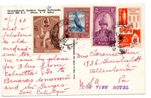 Nepal 4 Diff alte Briefmarke gebraucht auf Tempel Postkarte nach USA 1963 - Bild 1 von 2