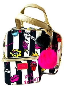 Betsey Johnson 2 Piece Handbag & Cosmetic Bag Rock & Roll Black & White Stripe - Picture 1 of 12