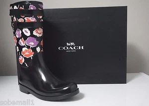 Coach Traisha II Black Floral Print Leather Trim Rain Boots Q8010 Size 9 - Picture 1 of 9