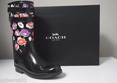 Coach Traisha II Black Floral Print Leather Trim Rain Boots Q8010 Size 9 - Image 1 of 4