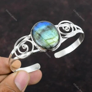 Natural Labradorite Gemstone Bangle Blue Adjustable 925 Sterling Silver Jewelry - Picture 1 of 10