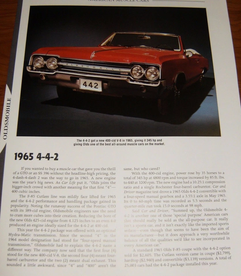 Oldsmobile 442 1965 información de especificaciones foto 65 Cutlass 400 F85 Olds Foto 1 de 1